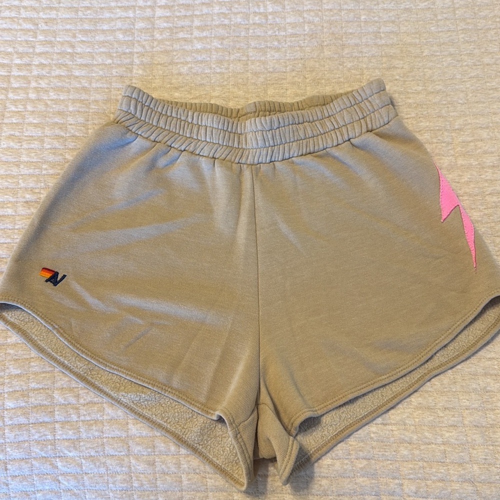 Aviator Nation Tan Athletic Shorts with Pink Lightning Bolt - Picture 5 of 6